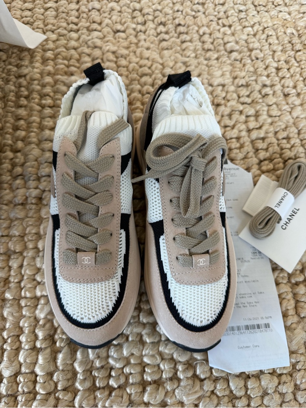 CHANEL Beige, White & Black CC Logo Chunky Knit Sneakers - Picture 3 of 6